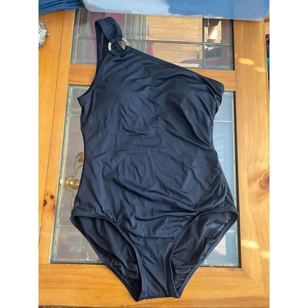 Michael Kors Women's Iconic One-Shoulder One-Piece Padded Swimsuit Black Size 12